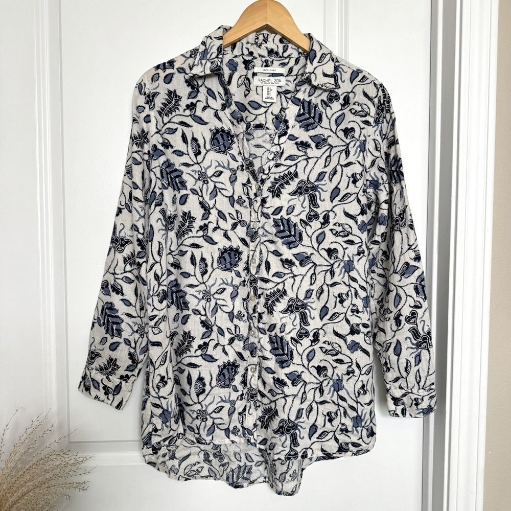 Linen Floral Shirt Coastal Chic Boho Resort Blouse Blue White Euro Summer Top - Picture 5 of 11
